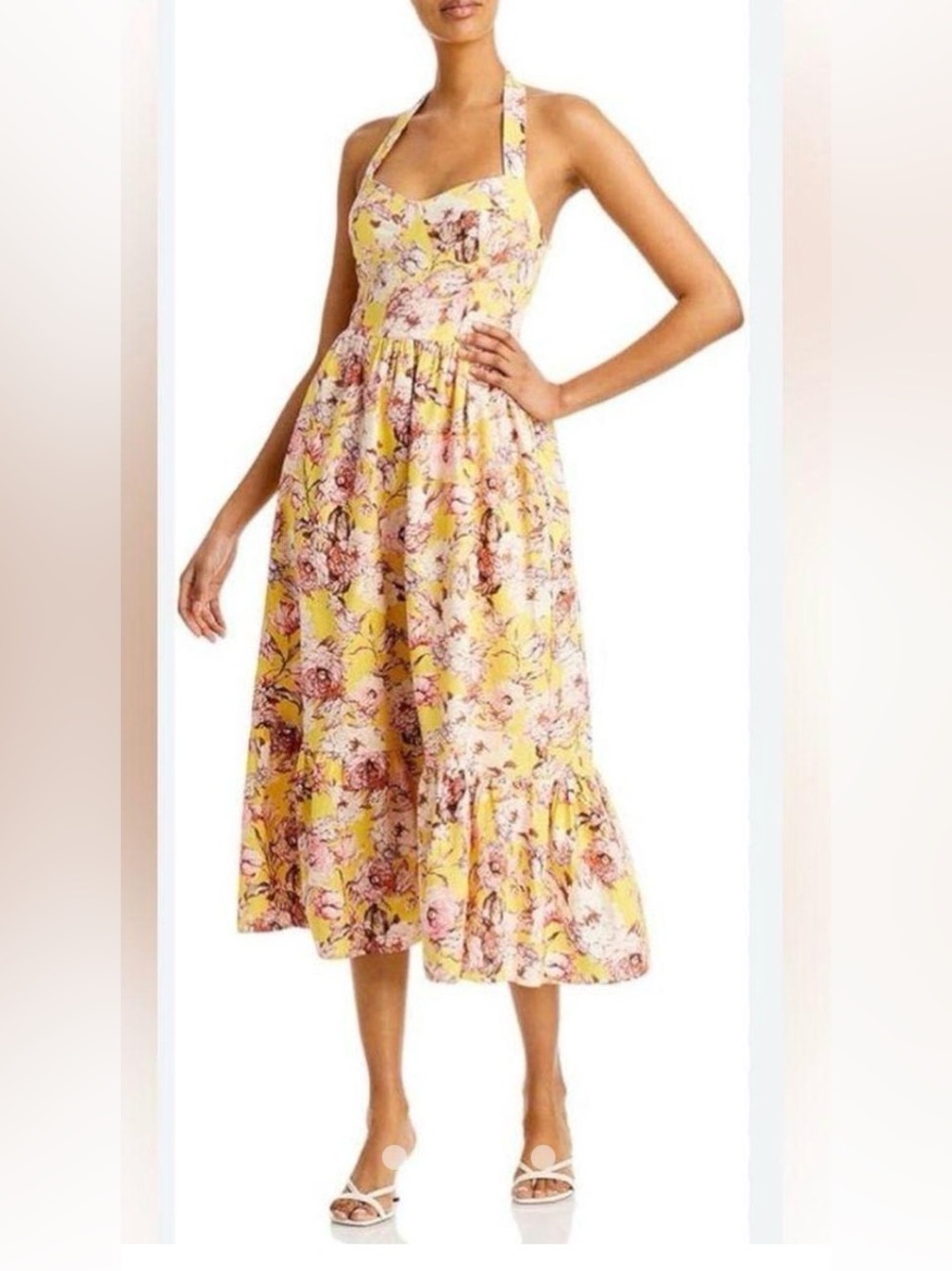 Bardot Labella Women’s Floral Yellow Halter Midi Dress Linen-Blend XL, size 10